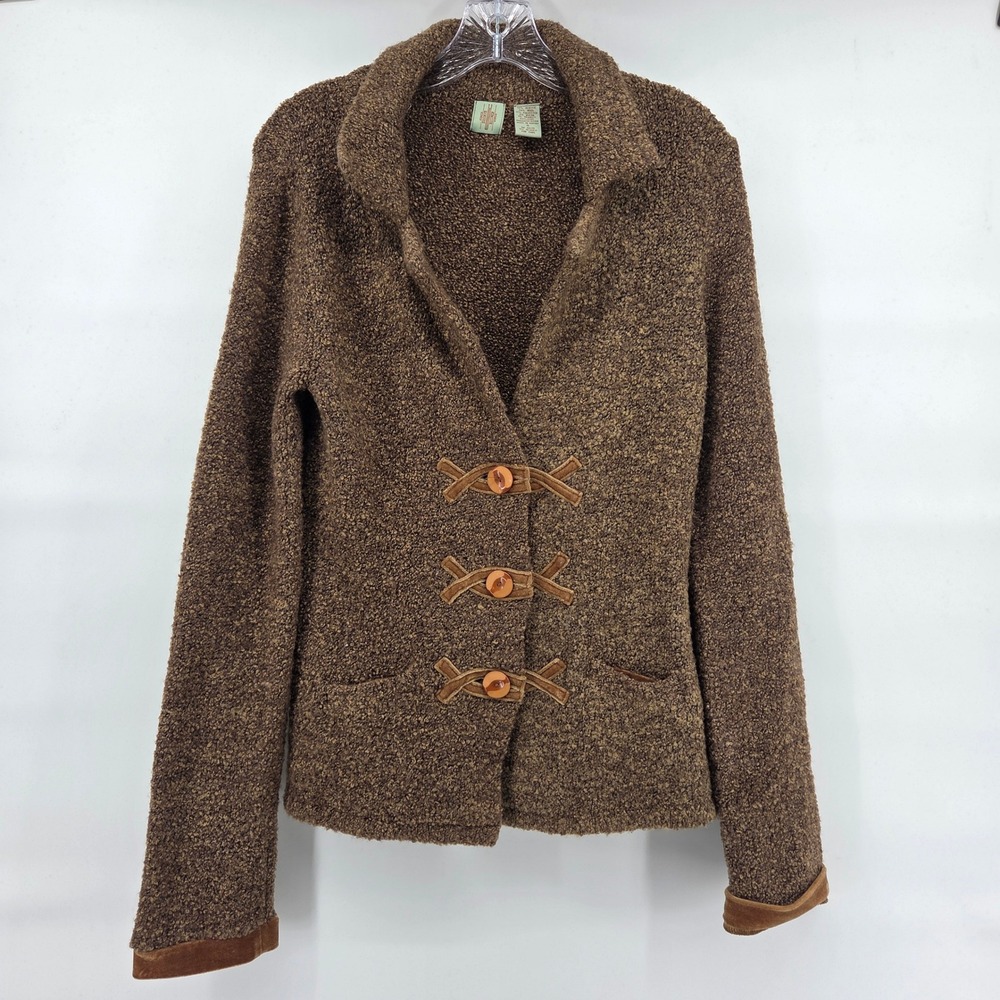 Anthropologie HWR Wool Blend Cardigan Sweater S Brown Velvet Bow Trim Boho
